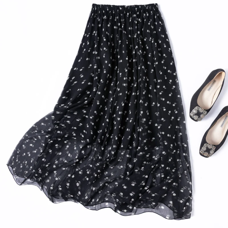 

Women Silk Skirt 100% Mulberry Silk Black Floral Printed Long Type Skirt With Silk Lining Summer Beach Big Hem Office Lady M1419