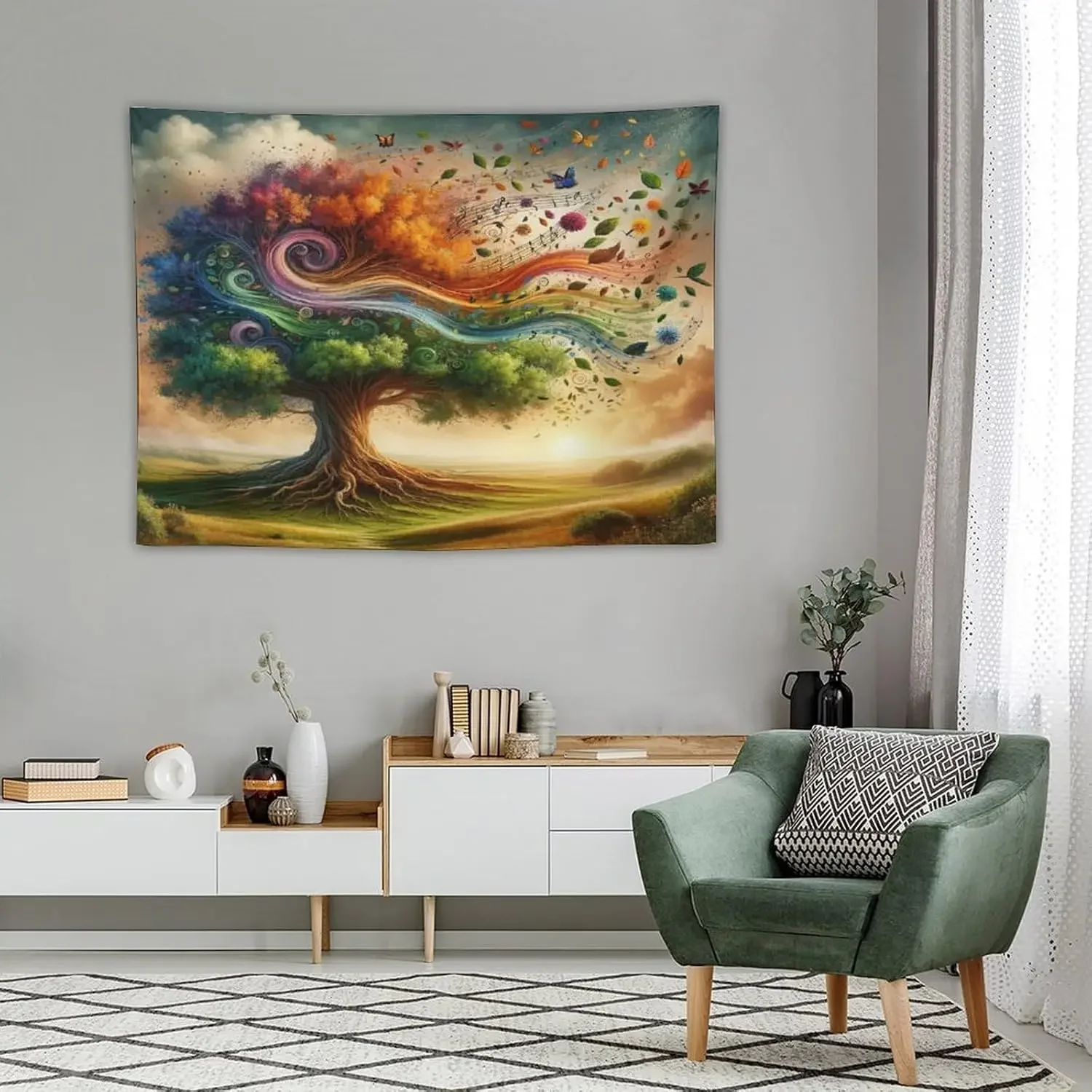 Tree of Life Tapestry Vibrant Forest Colorful Rainbow Tree Music Note Pattern Printed Wall Tapestry Wall Hanging for Bedroom