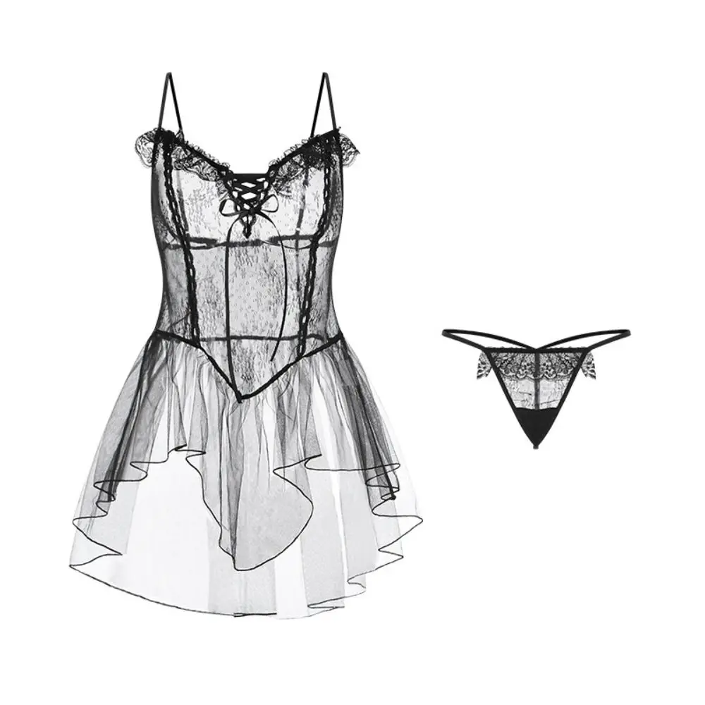 

Sweet V Neck See Through Lace Nightdress Irregular Hem Flounce Sling Night Dress Bowknot Transparent Lace Mesh Nightgown Sleep