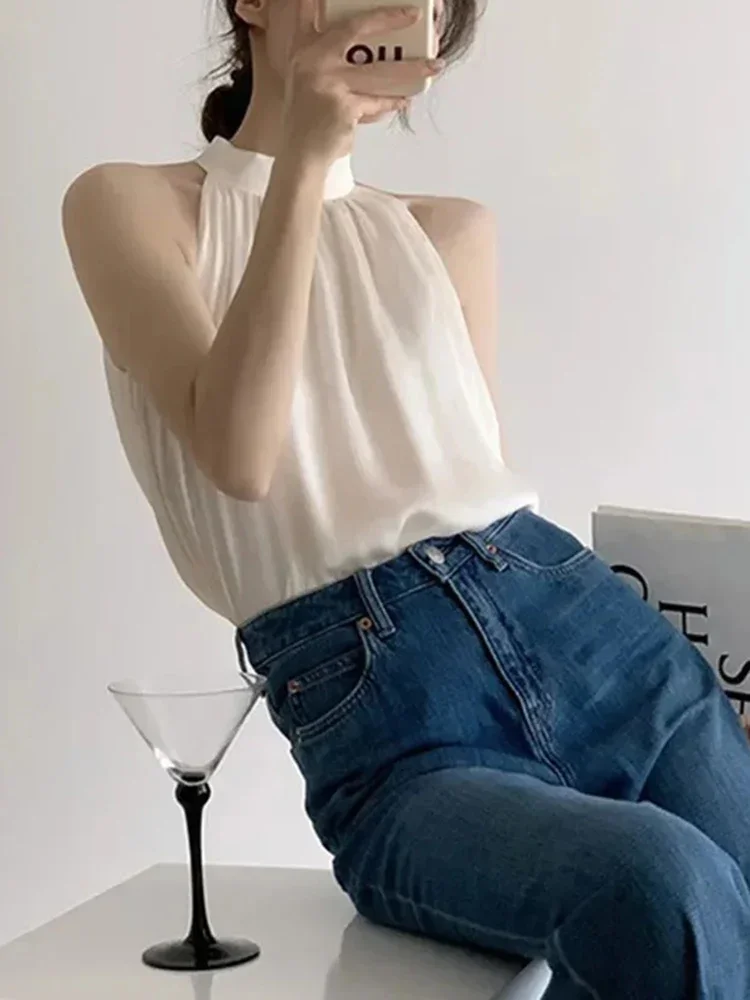 New Fashionable Solid Color Slim Fit Sweet Women French Neck Hanging Top Summer Minimalist Basic Women's Beige Sleeveless Top