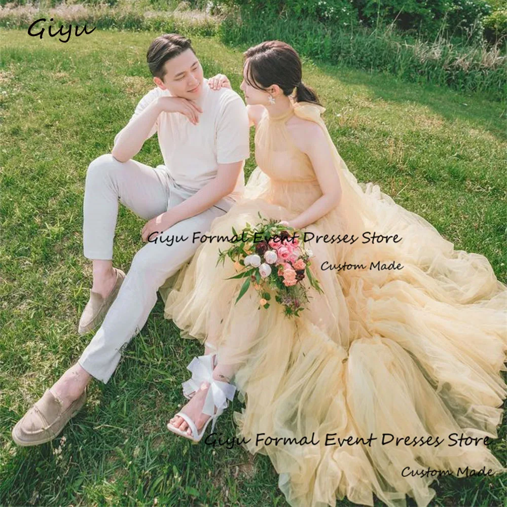 

Giyu A-line Light Yellow Korea Wedding Dress Photo Shoot O-Neck Floor-Length Evening Gown Dress Draped Vestidos De Novias 2024