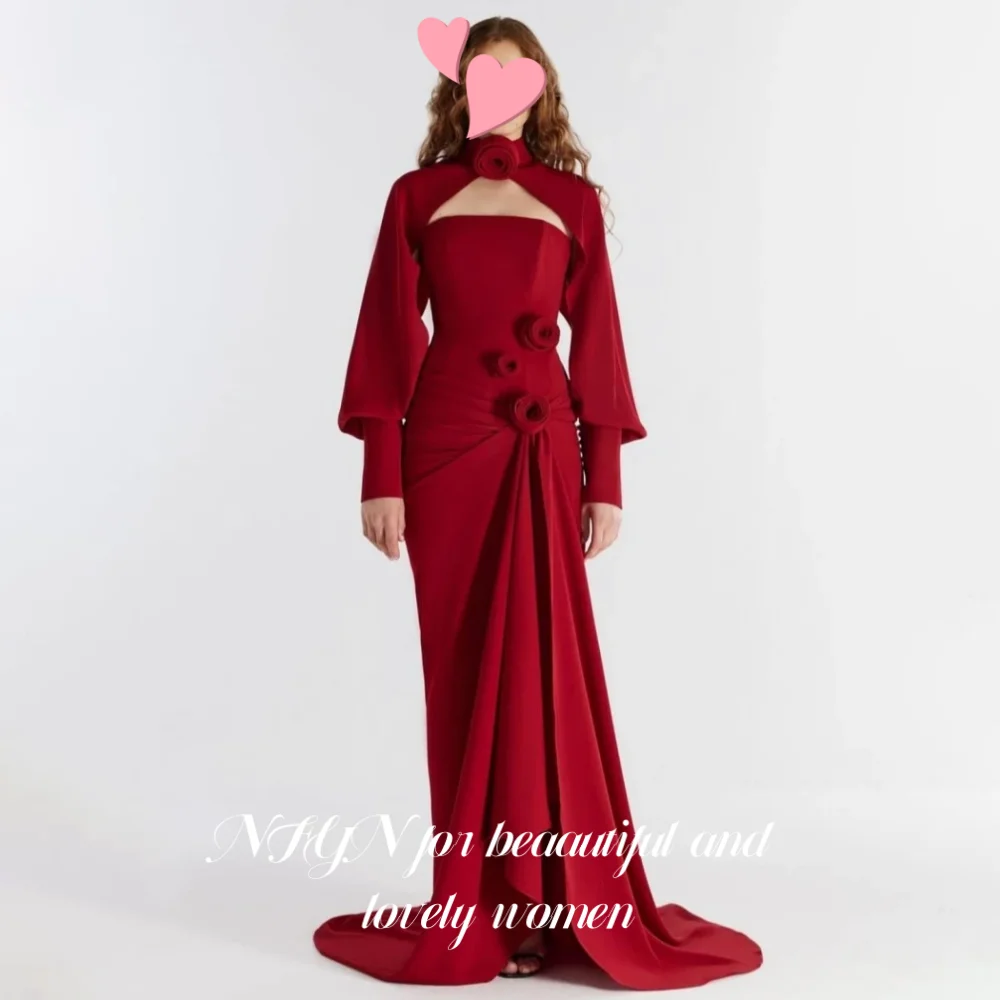 

NFYN Red Elegant Formal Gown Satin Pleats Flowers Prom Dress Long Regular Sleeve High Trumpet Evening Dress for Woman Customized