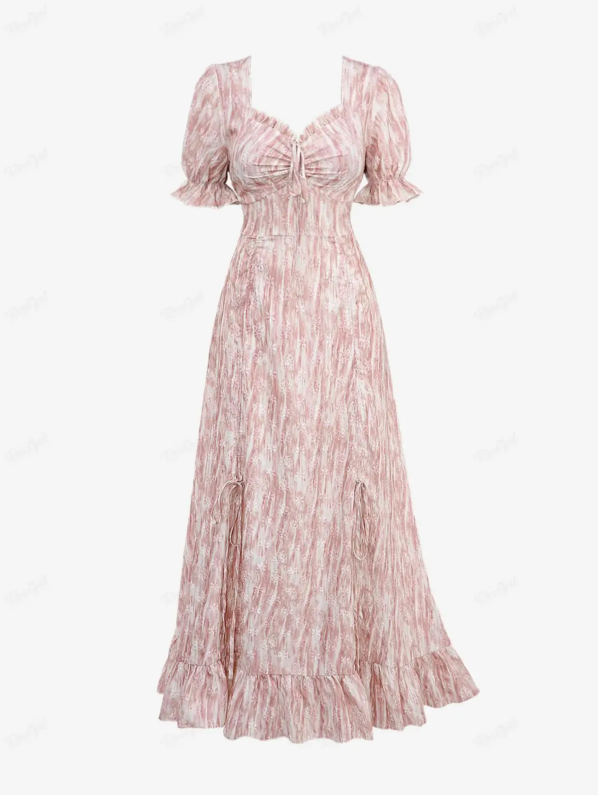 ROSEGAL Plus Size Gothic Puff Sleeves Tie Dye Dress Light Pink Floral Jacquard Cinched Ruched High Low Asymmetric Dress Vestidos