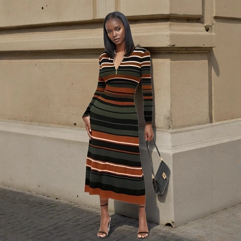 

STYLISH LADY Contrast Color Striped Printed Knitted Dress 2025 Autumn Women Long Sleeve Bodycon Elegant OL Party Maxi Dresses