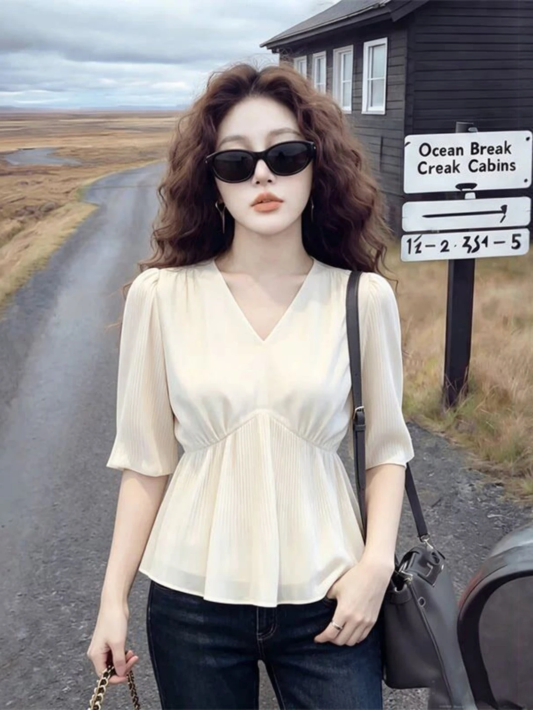 痩身 V ネック半袖シャツ女性のファッション韓国スタイルプリーツエッジ美しい夏新大きいサイズ脂肪 MM トップ 1