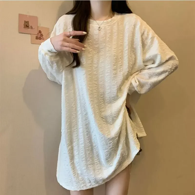 Casual Split Hem Loose T Shirt Tops Spring Autumn New Long Sleeve O-neck Solid Youth Pullovers Fashion Vintage Women Clothing