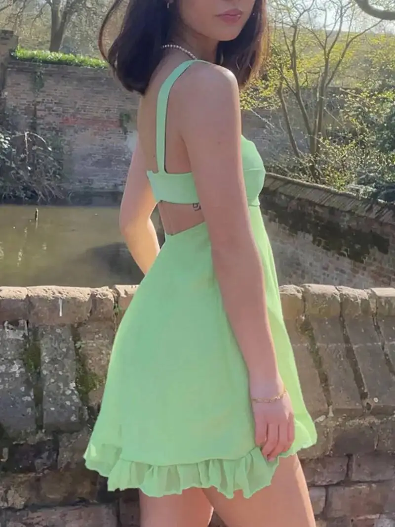 فستان من Vestidos Elegantes Para Mujer بلون سادة مع فتحة نحيفة فستان مكشكش مثير بدون ظهر للسيدات قطع علوية خضراء حلوة CI8L