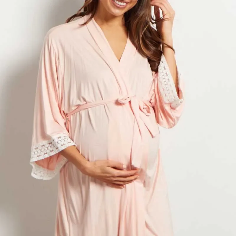 Summer Fashion Soft Sleepwear Wear Seven-Quarter Sleeve Frenulum Solid Color Maternity Lace Clothes Nursing Pajamas Dress