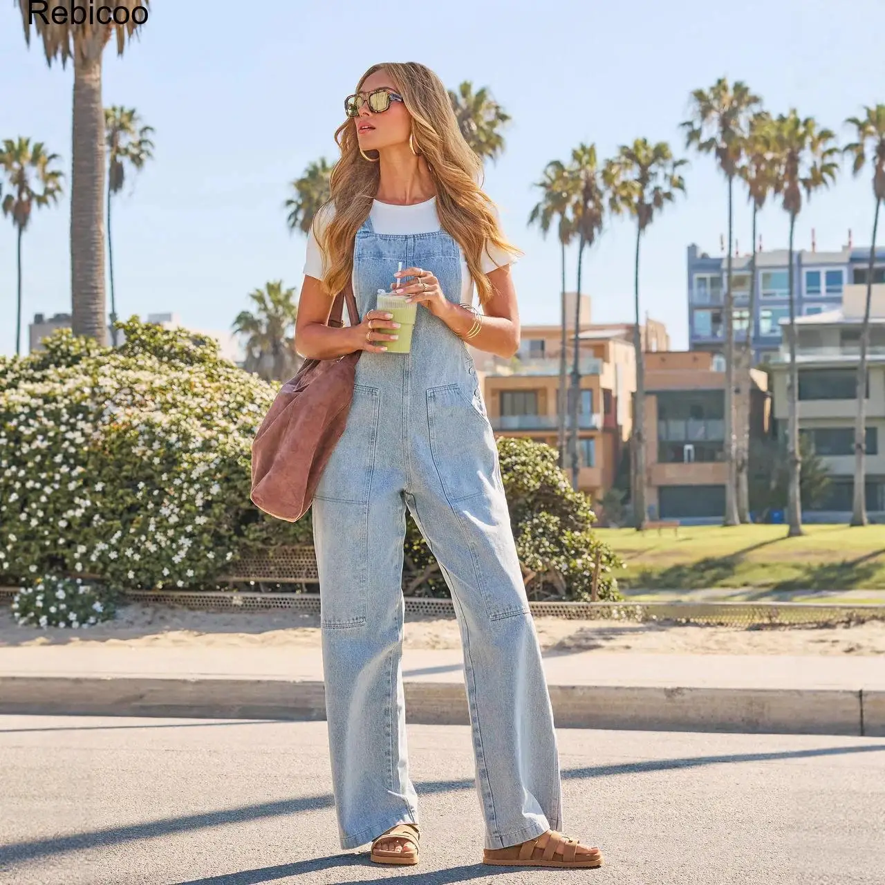 Women's Denim Bib Overalls Wide Leg Loose Fit Jean Jumpsuit Casual Vintage Long Pants Streetwear Fashion Daily Wear Comfortable