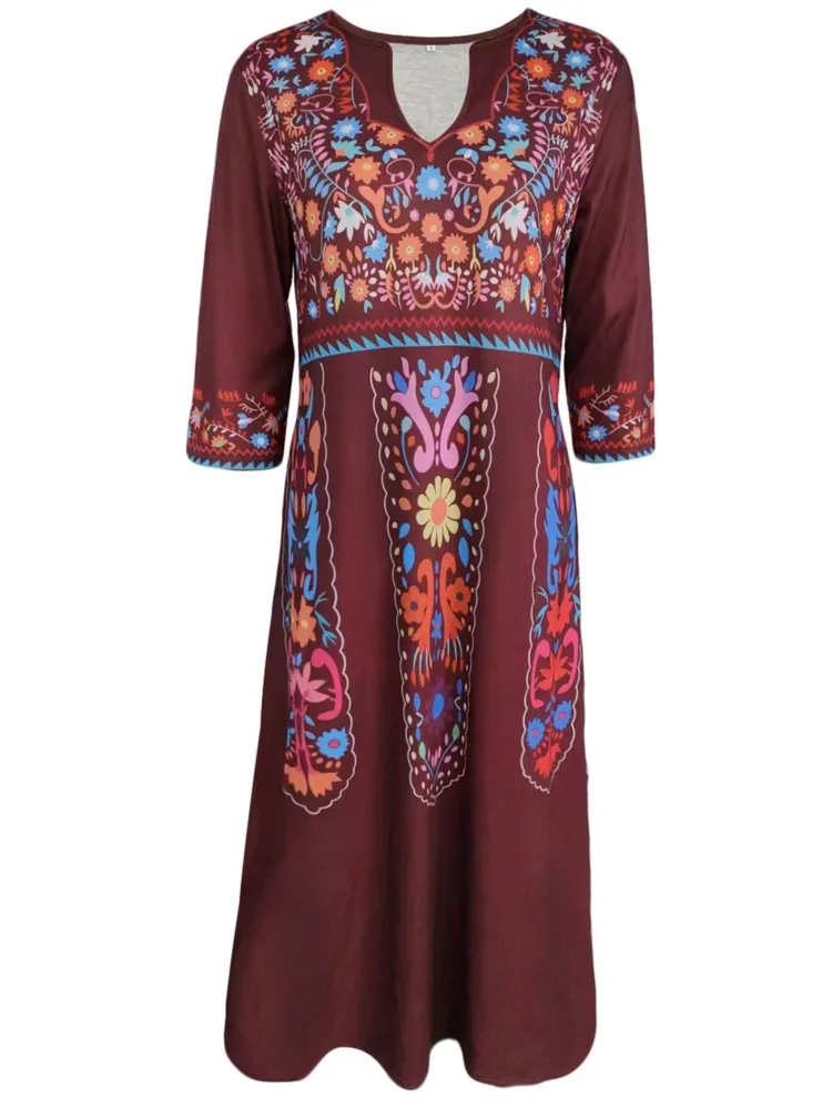 Vintage Dresses For Women 2024 Fall Ladies V-neck Pocket Boho Print Seven-quarter Sleeve Dress Fashion Midi Dress Robe  Femme