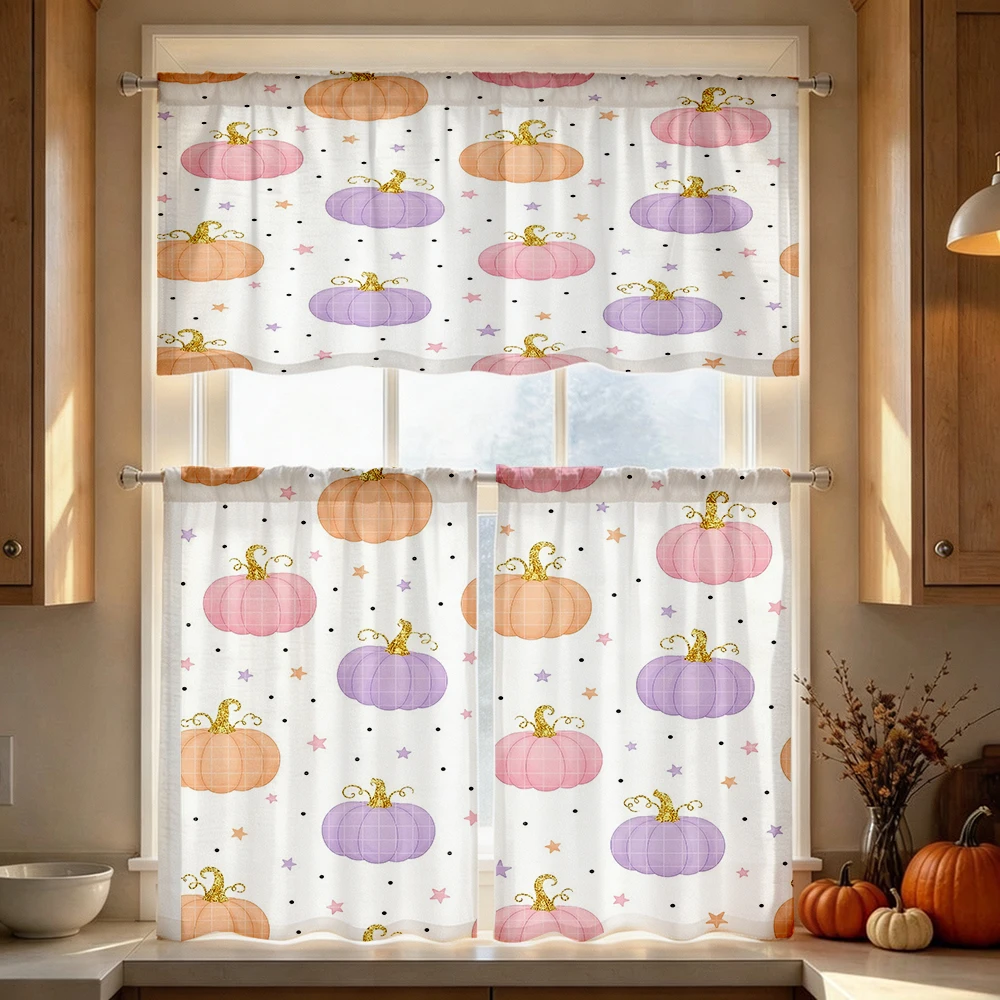 Thanksgiving Fall Kitchen Curtains, Pink Pumpkin Star, Digital Print, Kitchen Dining Room, Rod Pocket Polyester, Home Decor