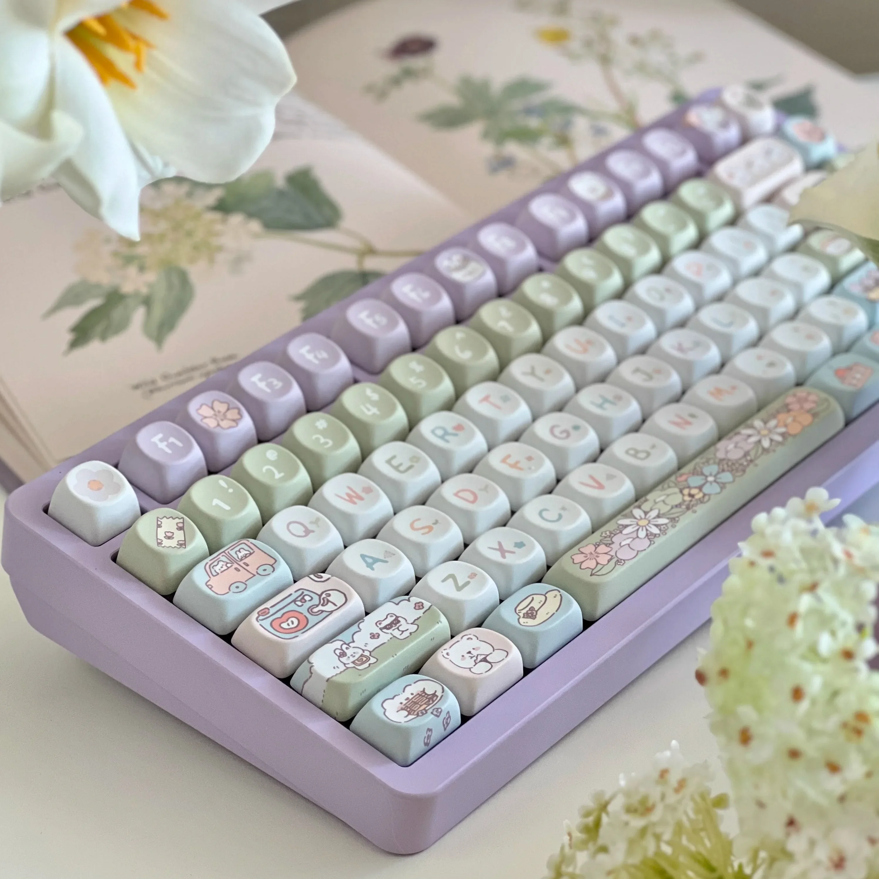 Keycaps 141 Key Soa / Moa Pbt Romantic Train For Mechanical Keyboard Cute Bear Rabbit Flower Keycaps Purple White Green Keycaps