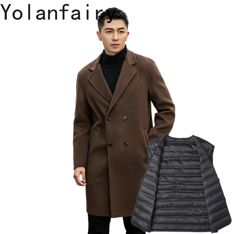 YOLANFAIRY 100% Wool Coat Men High Quality Double-faced Woolen Jacket Double-breasted Suit Collar Warm Down Coats Autumn Winter
