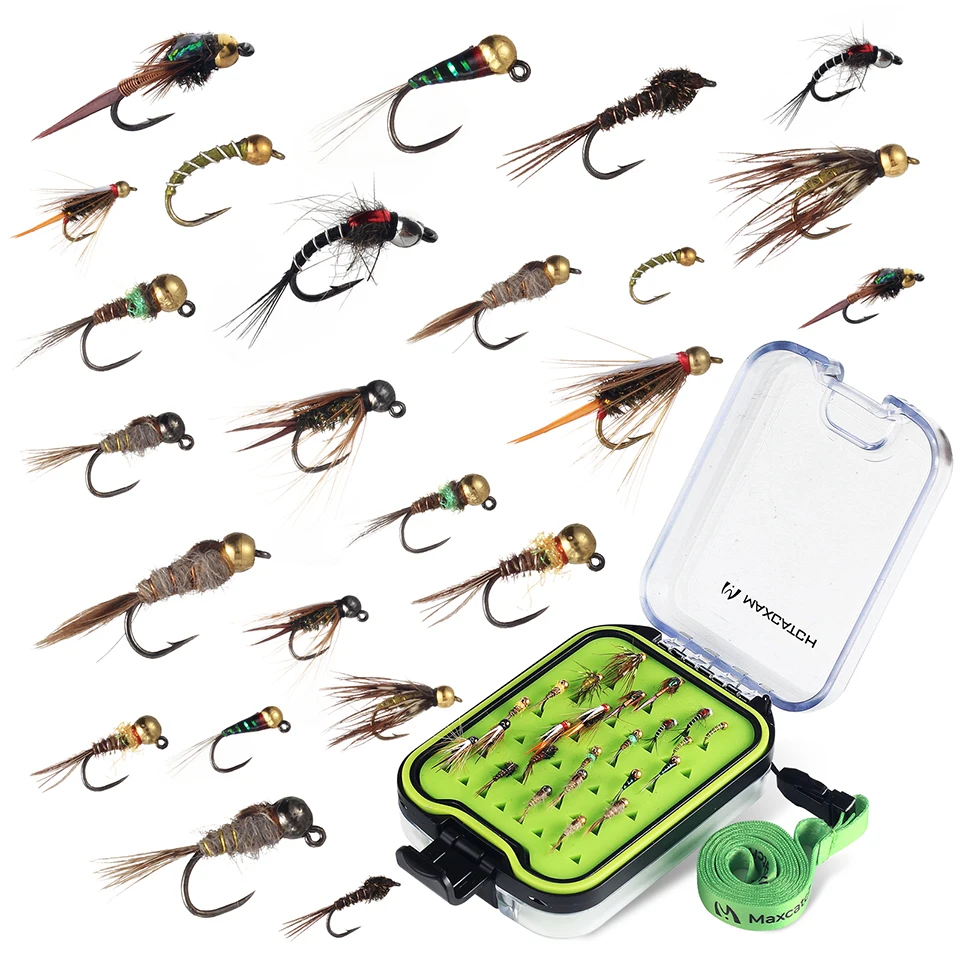 Maximumcatch 24pcs Nymph Fly Fishing Flies Assortment #14 #16 Hand-Tied Nymph Flies With Clear Lid Waterproof Fly Box