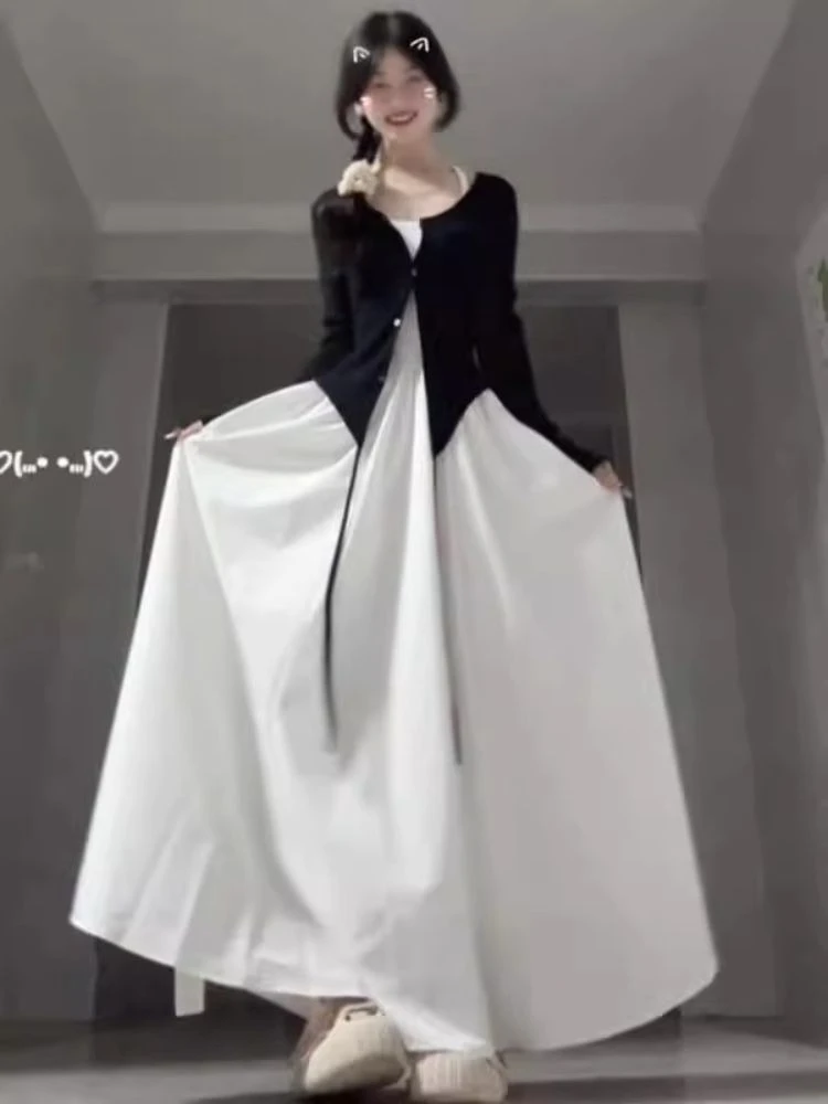 

PTKPCC 2025 Temperament Camisole Long Skirt Set Hepburn Style Cardigan Jacket+dress Two-piece Set