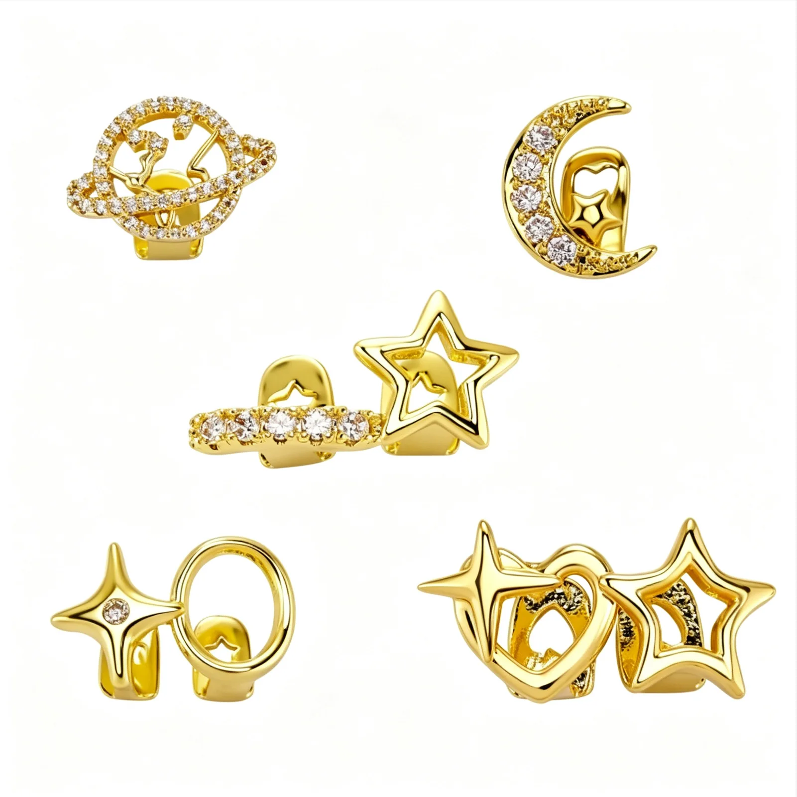 Single Tooth Grillz Star Moon Planet Hollow Iced Out Pave Zircon Silver Hip Hop Rapper Statement Unisex Jewelry Gifts Party