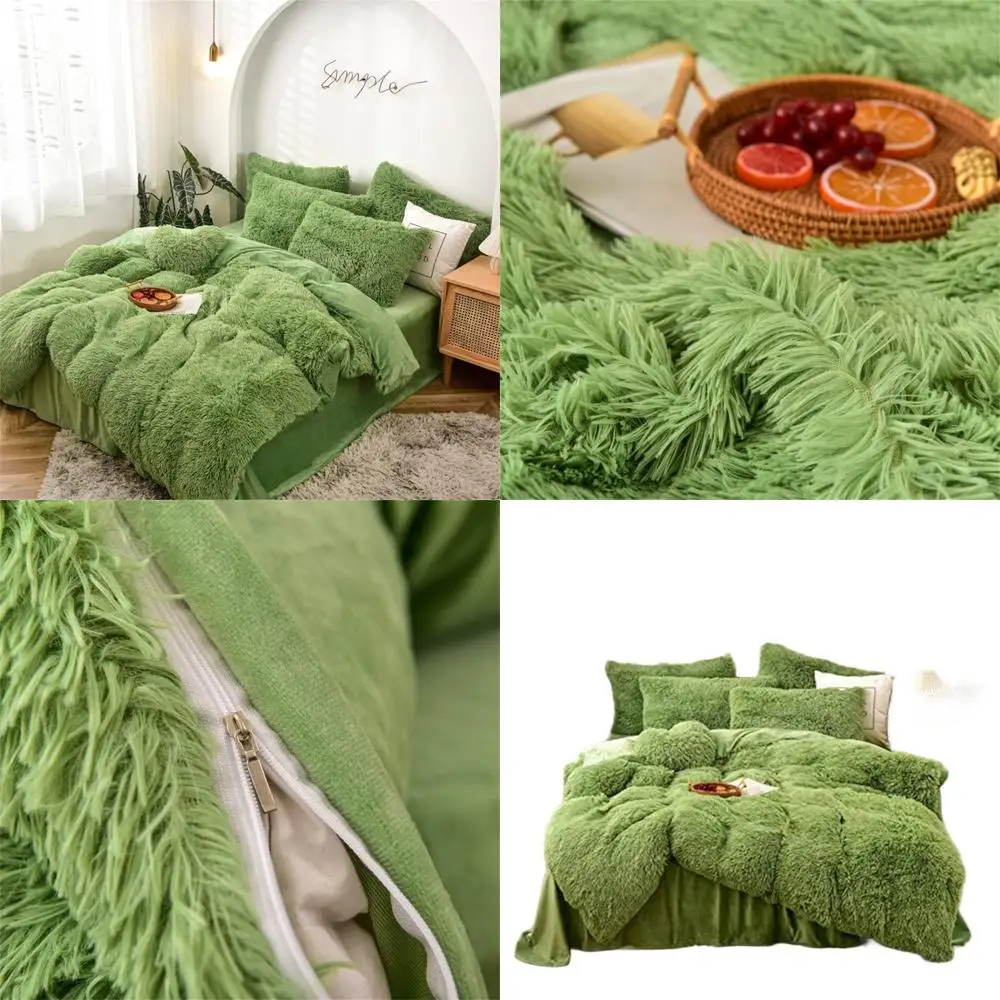 

Avocado Green Full Size Shaggy Fluffy Duvet Cover Set with 2 Pillow Shams and Zipper Closure