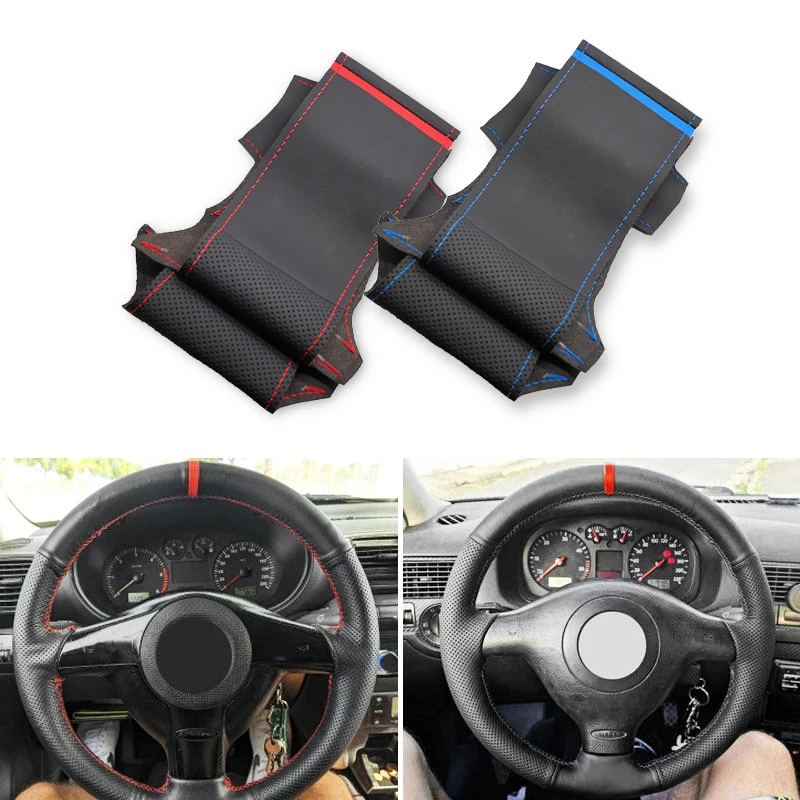 For VW Golf 4 MK4 Passat B5 1998 - 2005 DIY Hand-sew Steering Wheel Cover Perforated Microfiber Leather Car Accessories Trim