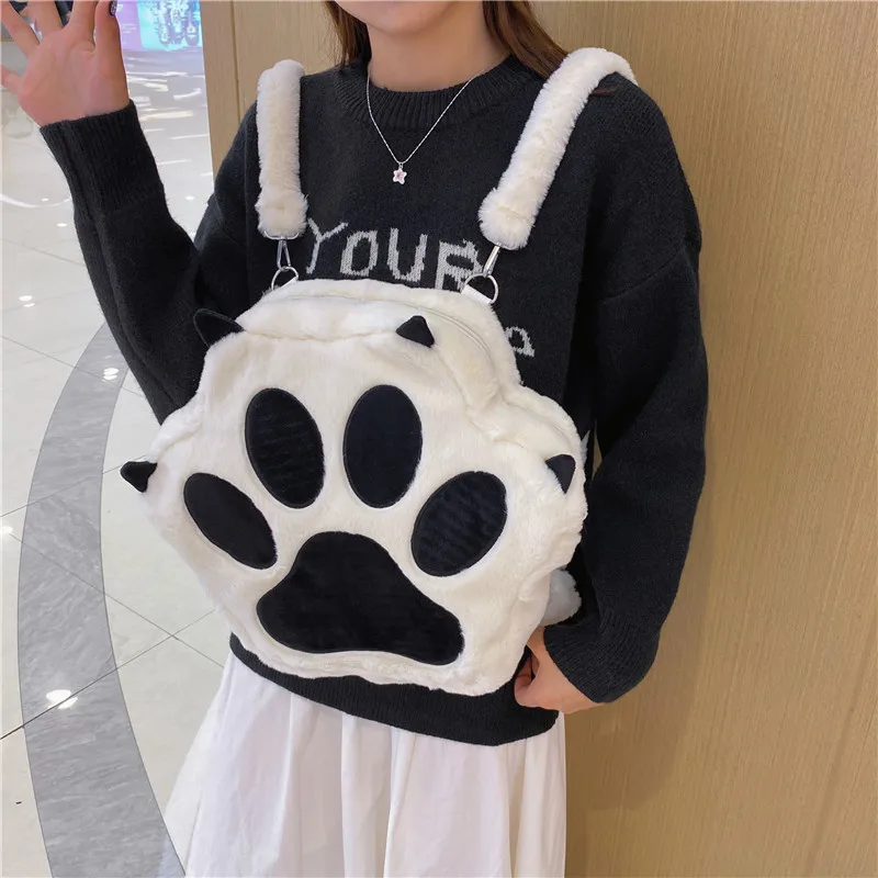 Cute Cat Paw Plush Backpack with Adjustable Straps Kawaii Bag with Zipper Cartoon Backpack for Women Students Backpack Plush Bag