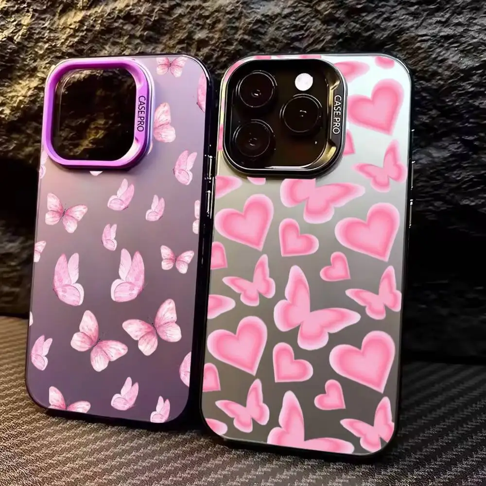 

Retro B-Butterfly Printing Phone Case For iPhone17,16,15,14,13,12,11 Plus,Pro Max Colored Silver Plated Inside Cover