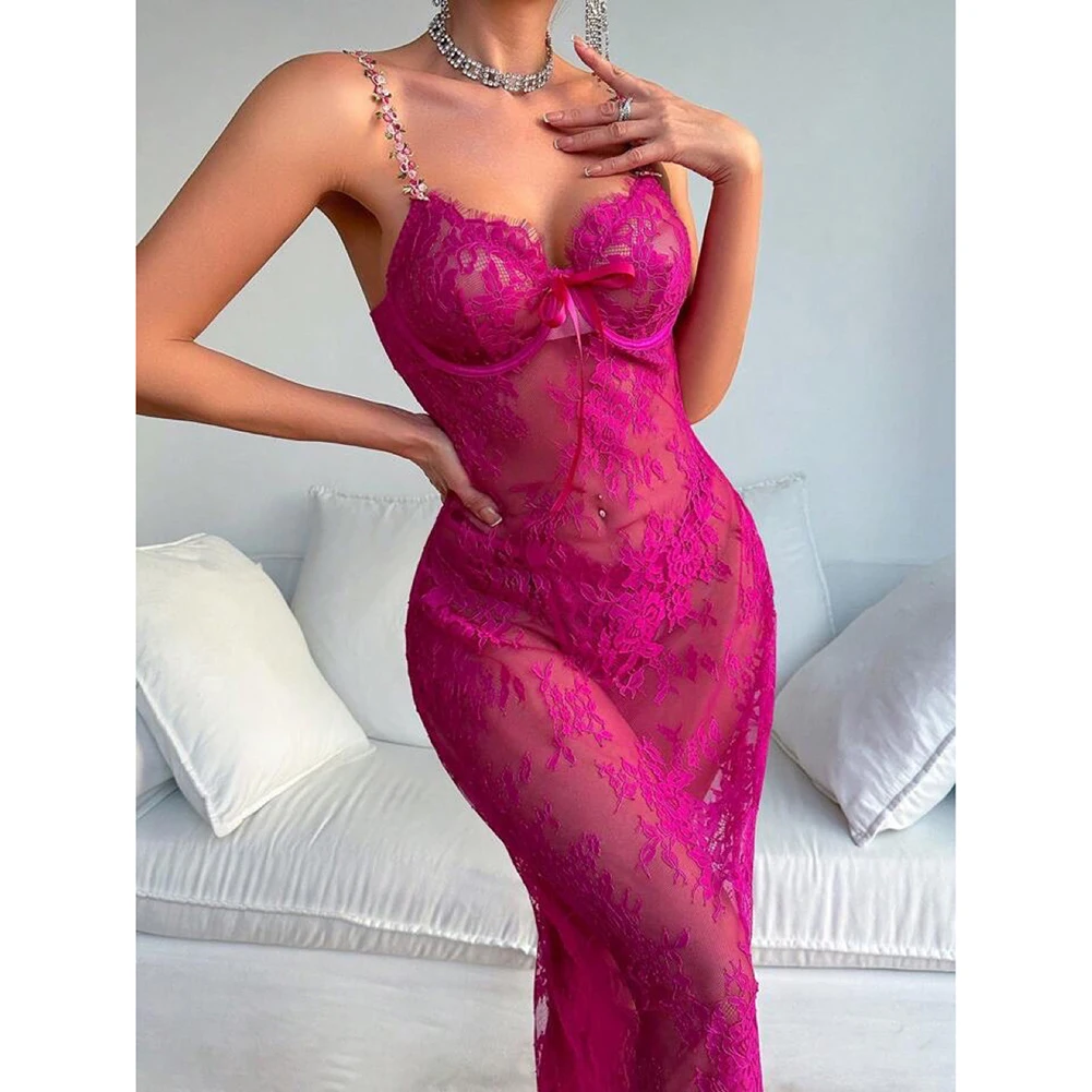 

Summer Pajamas Womens Sleepwear Lace Nightgowns See Through Maxi Dress Ladies Spaghetti Strap Sheer Mesh Lace Floral Dresses