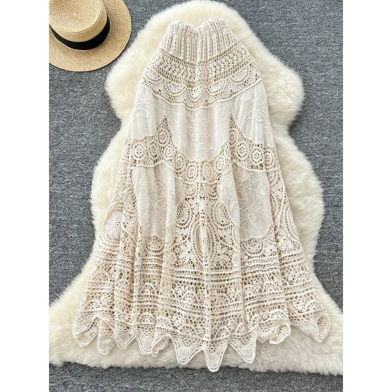 Holiday Summer Lace Flower Beach Skirts Women A-line Maxi Skirt Long Crochet Boho Flowy Skirt for Beach Holiday Outfits