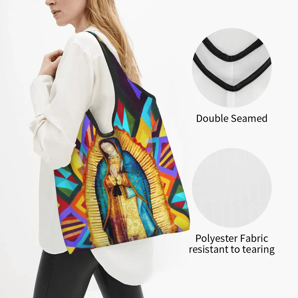 Lady Of Guadalupe Tilma Shopping Tote Bags Portable Shopper Shoulder Mexican Virgin Mary Saint Mexico Catholic Colorful Handbag