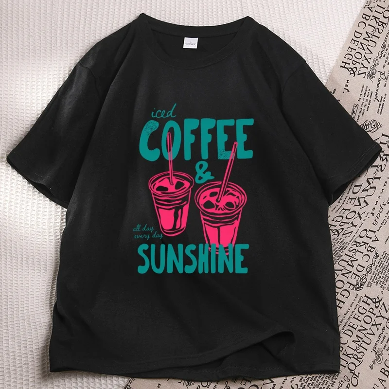 Iced Coffee and Sunshine T Shirt Women Men Coffee Lover Summer Graphic Tee Funny Cotton Short Sleeve Round Neck T-shirts