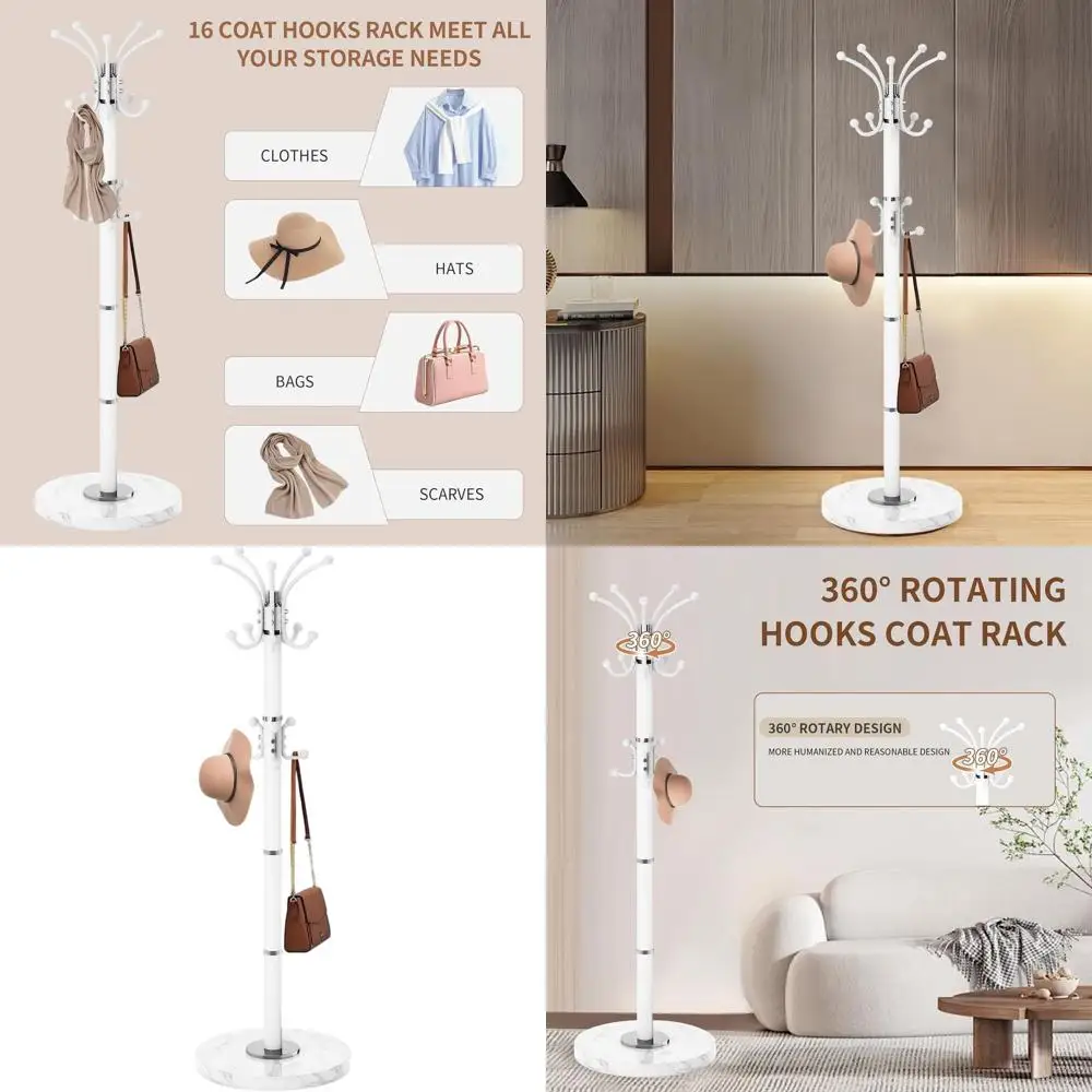 

360 ° Белая мраморная вешалка для одежды с 16 крючками - Прочная напольная вешалка для прихожей