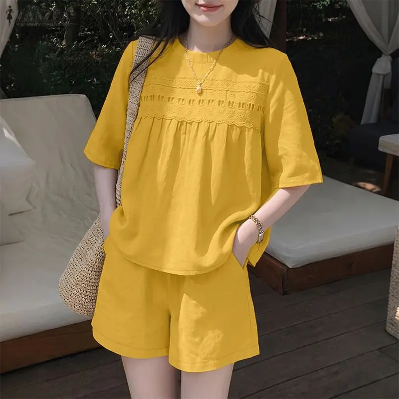 

Women 2 Pieces Short Sets Casual Loose O-Neck Half Sleeve Lace Patchwork Blouse & Elastic Waist Shorts ZANZEA Solid Suits Outfit