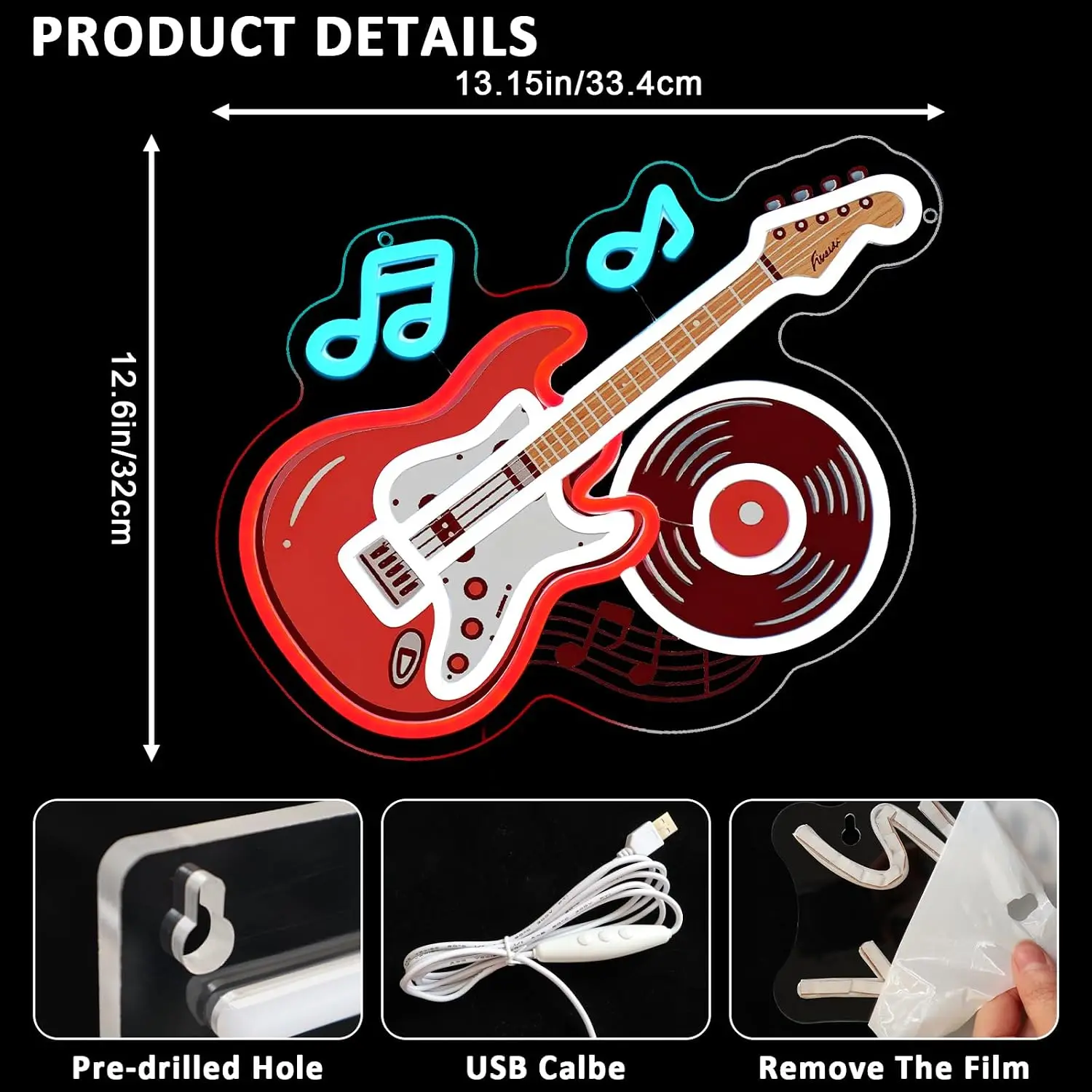 Electric Guitar Vinyl Record LED Neon Sign USB Powered Rock Roll Music Themed Neon Light Music Studio Bar Pub Bedroom Decor