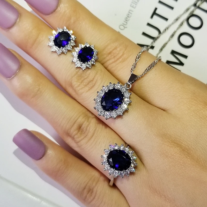 3pcs Pack 2023 New Luxury Blue Color Sunflower silver color bride Dubai For Women Lady Anniversary Gift Jewelry Wholesale J5519