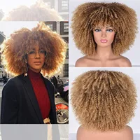 14inch Short Curly Wigs Kinky Brown Mixd Blonde Afro Wigs with Bangs for Black Women Fluffy Synthetic Afro Curly Blonde Wigs 2