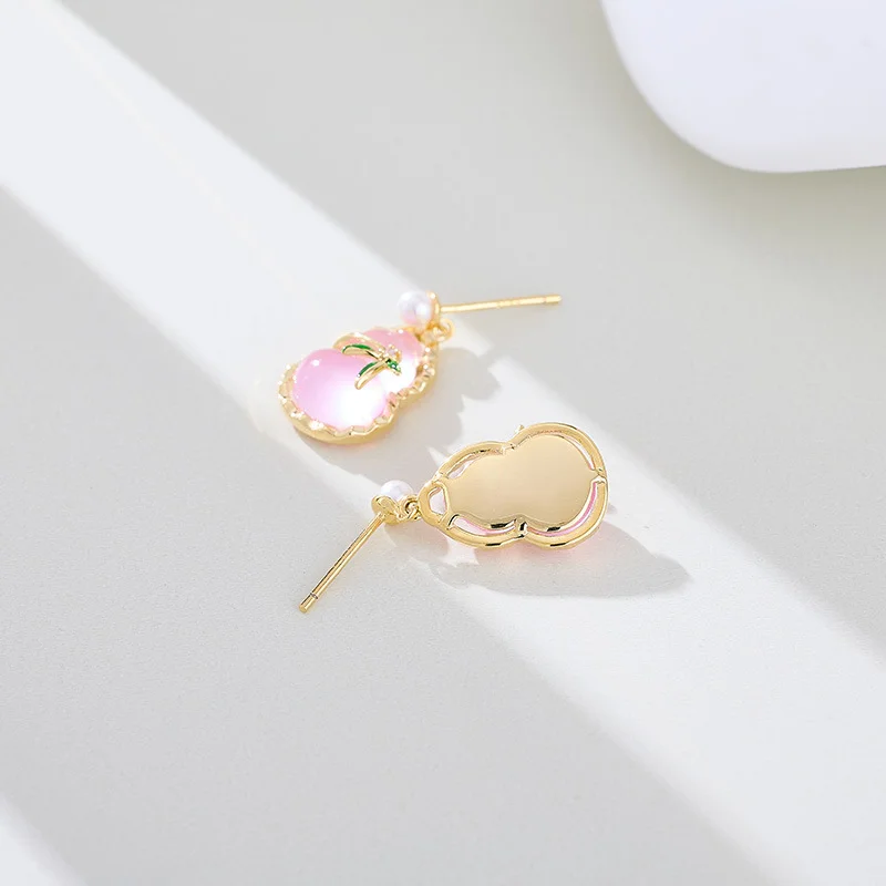 New Chinese style national style pink gourd imitation jade earrings s925 silver needle retro light luxury earrings for women