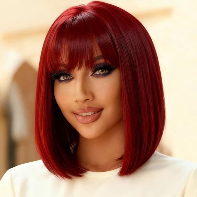 Women's 12 inch burgundy straight synthetic wig made of heat-resistant fiber, suitable for role-playing, parties, and daily use