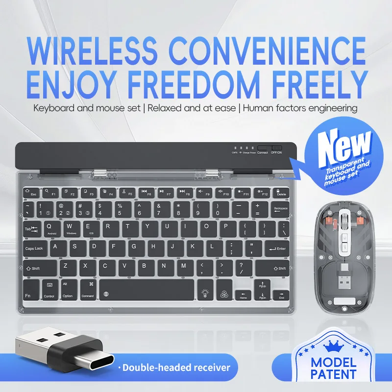 Portable Bluetooth&2.4G Wireless Transparent Keyboard Mouse Set for PC/Laptop/Tablet,Rechargeable Travel Keypad with LED Backlit