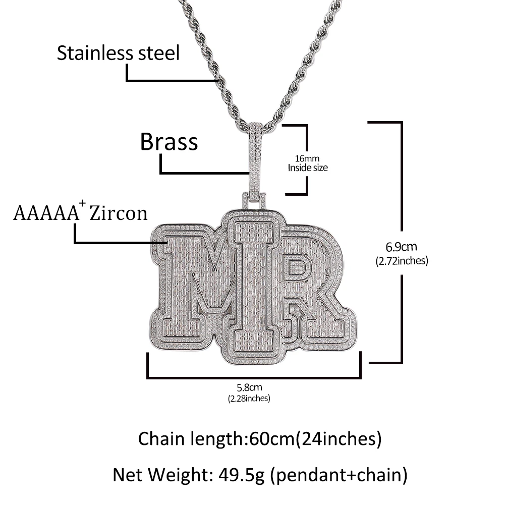 TBTK Custom BaguetteCZ Initial Letters Pendant Necklace Iced Out Two Tone 5A Cubic Zirconia Name Chain Necklace Hiphop Jewelry