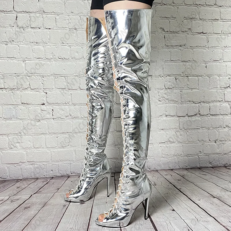 Ronticool Personal Customize Women Spring Thigh Boots Patent Stiletto Heels Peep Toe Silver Party Shoes Women Us Size 5-20