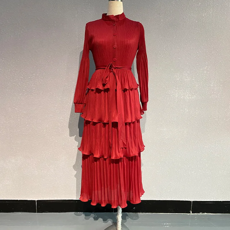 Pleats Original Pleated 2024 Summer New Niche Design Pleated Wooden Ear Ruffled Loose Thin Dress Long Section Women Clothing