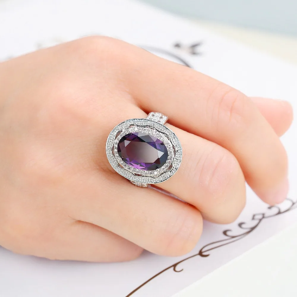 Classic Silver Female Girl Big AAA Purple Crystal CZ Stone Ring Wedding 925 Sterling Silver Rings Promise Engagement Ring