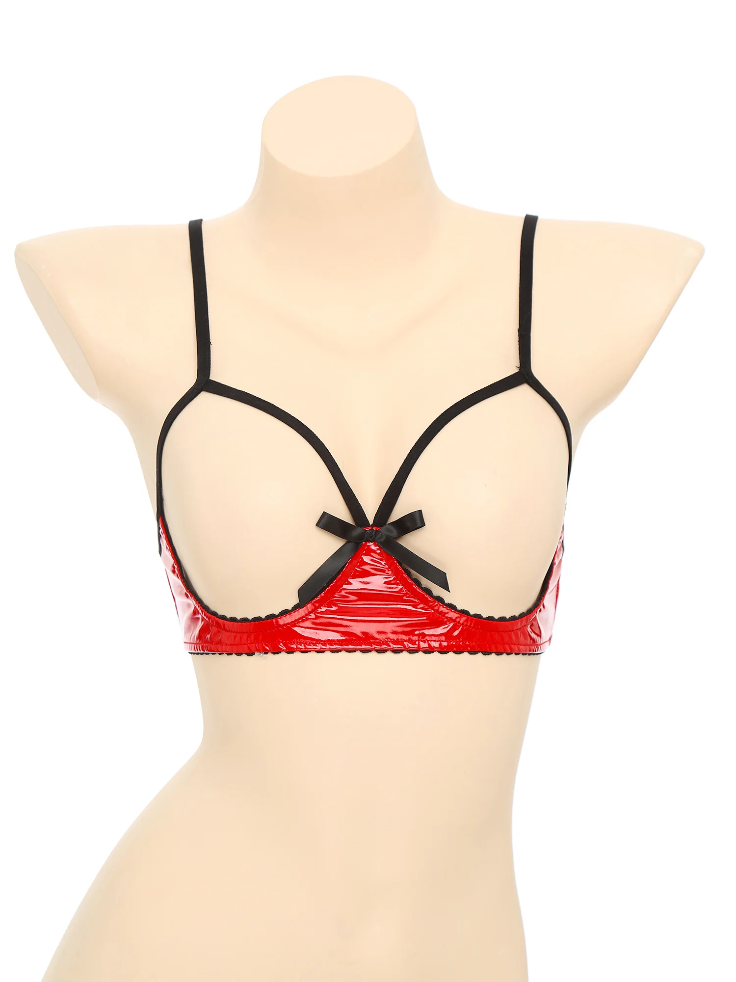 Womens Tempting Cupless Bra Spaghetti Straps Cute Bow See Through Wireless Unlined Wet Look Bra Tops Sexy Lingerie