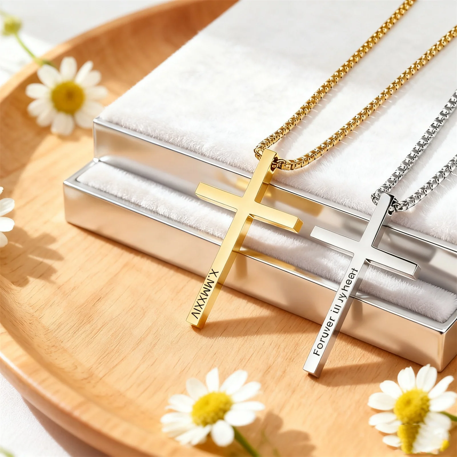 Customized Name Date Cross Necklace Stainless Steel Personalized Multi Sided Carving Name Cross Neck Chain Hip Hop Punk Jewelry