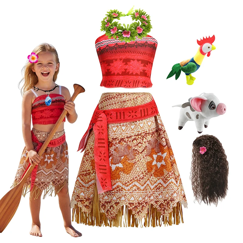 Robe Disney Moana pour enfants filles, princesse Vaiana, Cosplay, carnaval, couvre-chef de fête d'anniversaire, collier, ensemble de poulet cochon pour animaux de compagnie