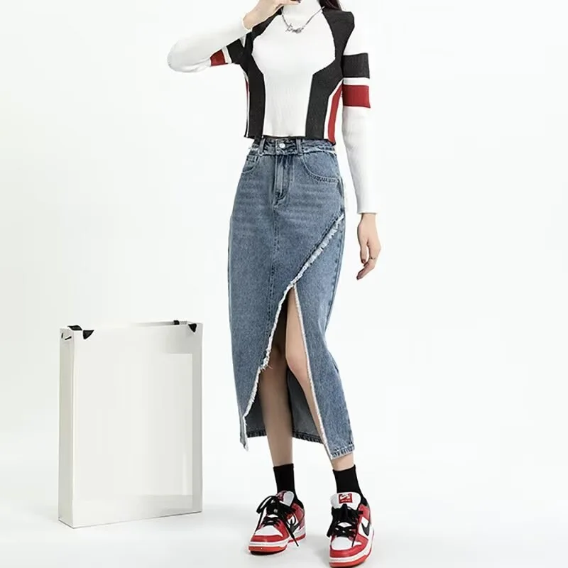 Spicy Girl Frayed Mid-Length Personalized Half Skirt Spring Autumn Slimming Slit High Waist Denim A-Line Skirt Women