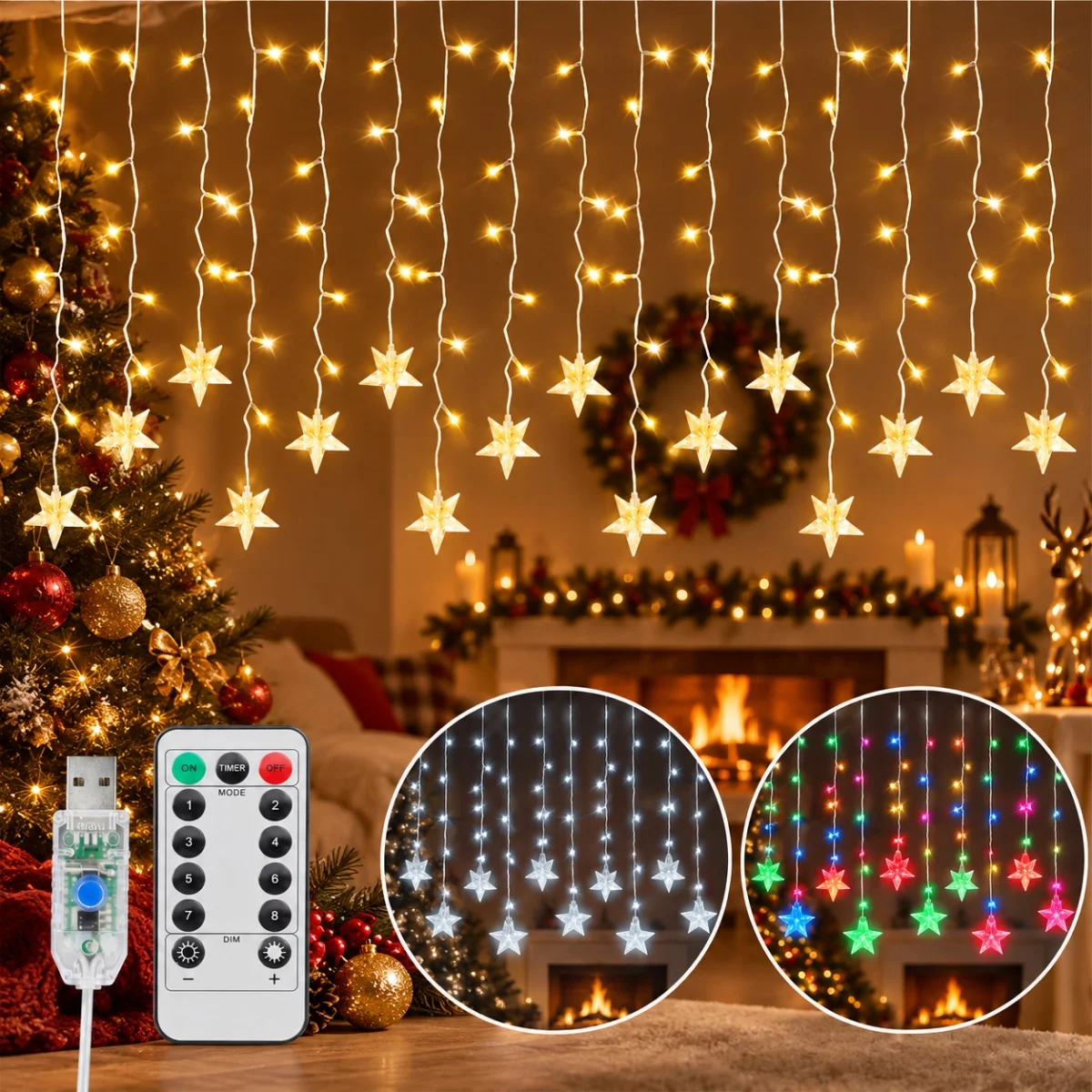 1pc 96 LED Icicle Lights Curtain String Lights Drops Star USB Powered With Remote For Home Window Indoor Christmas Holiday Decor