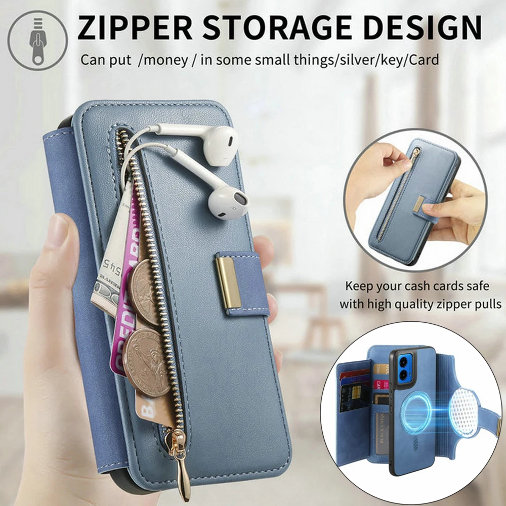 

G55 G45 G35 G34 5G 6-Card Leather Zipper Wallet RFID Block Case For Motorola G55 Luxury Cover Moto G34 G35 G45 G55 2In1 Funda