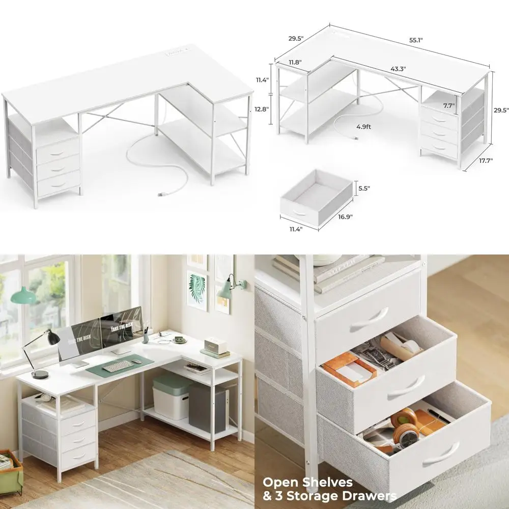 

Large L-Shaped Office Desk with Power Outlets, 55 Computer Desk featuring 3 Drawers, Shelves, and Versatile Design for Gaming an