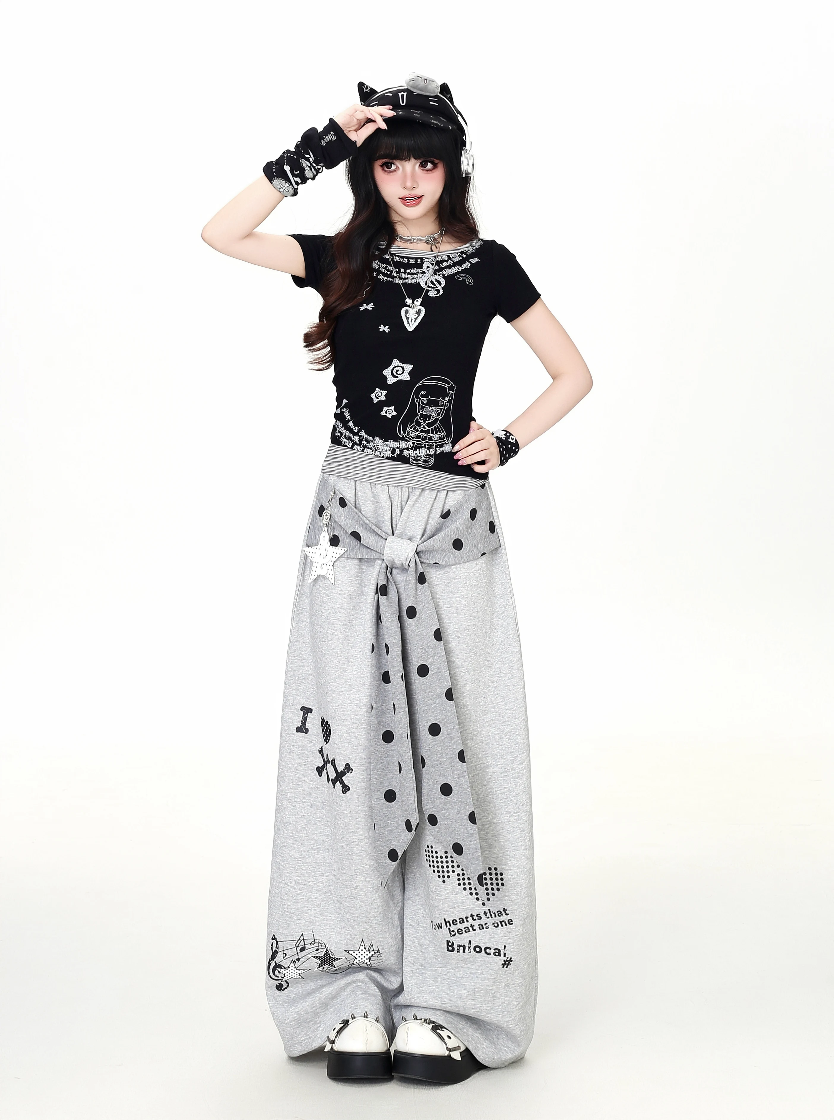 Crazygirl Retro Polka Dot Bow Tie Loose Casual Pants High Waist Drapey False Two-Piece Long Pants Women's Spring Summer