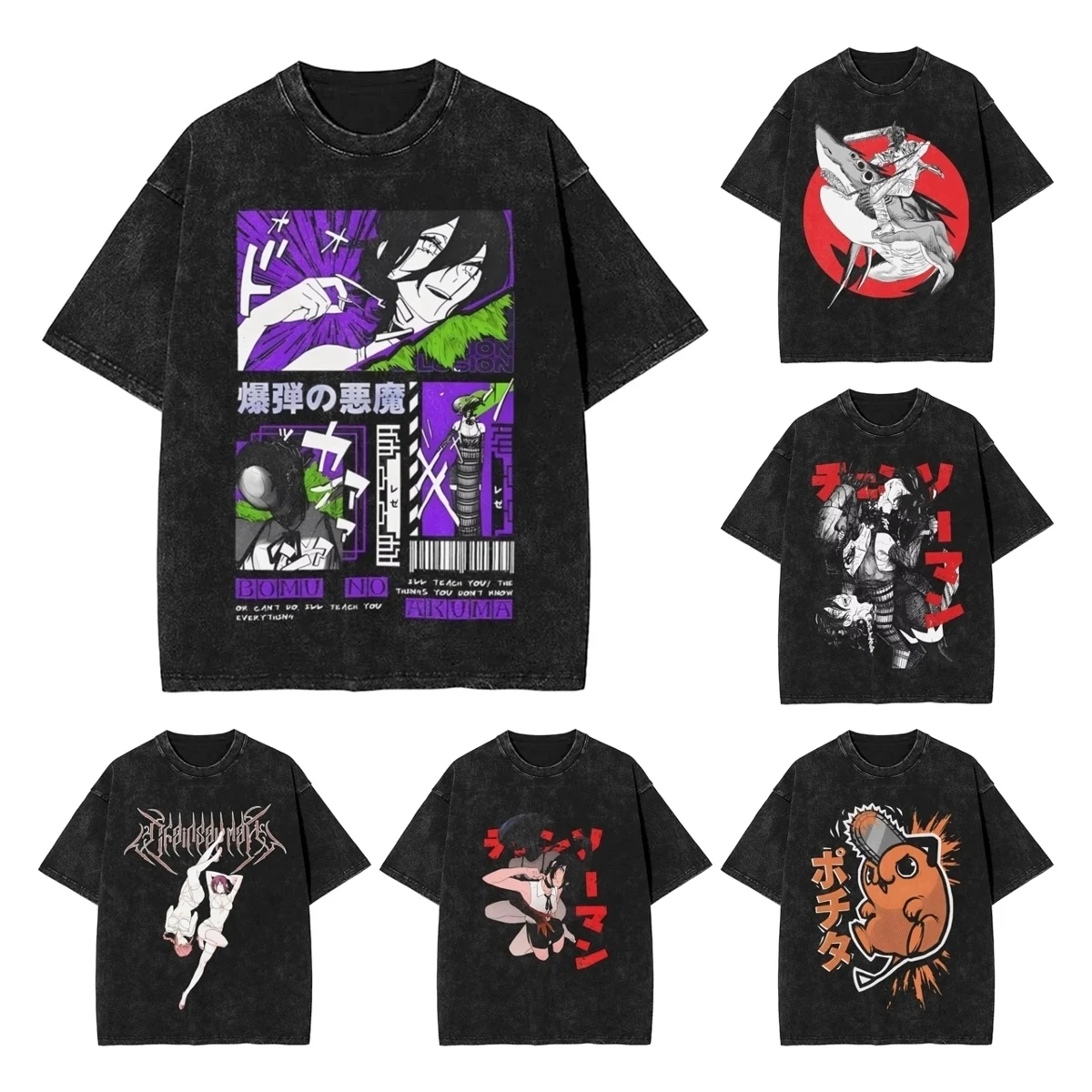 Chainsaw Man Reze Washed T Shirt Streetwear Hip Hop Vintage T-Shirt Anime Bombs Devil Tees for Men Women Cotton Harajuku Summer