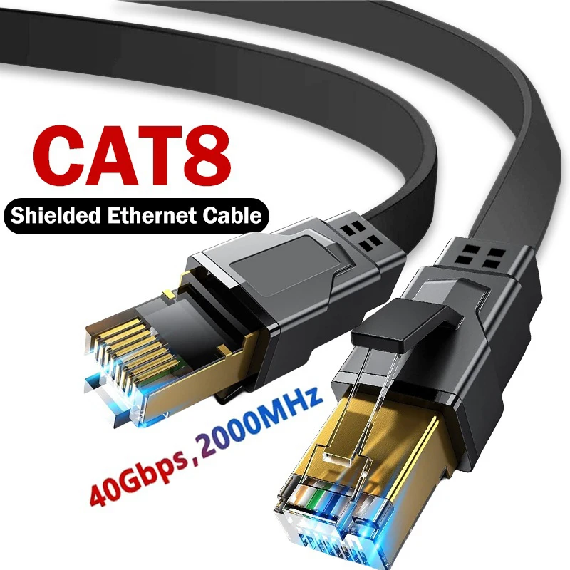 라우터 모뎀 PC 노트북 게임용 Xbox용 CAT8 이더넷 케이블, 40Gbps 2000MHz CAT 8 플랫 RJ45 STP/FTP 차폐 인터넷 랜 코드